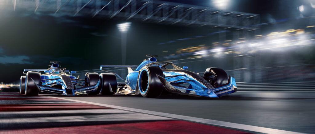 Two Racing Cars Moving At High Speed During Night Race